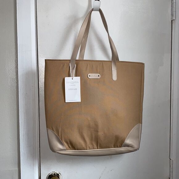 OCTOBER JAIPUR Tote Bag Canvas Tan Vegan Leather NWT! - Picture 3 of 8
